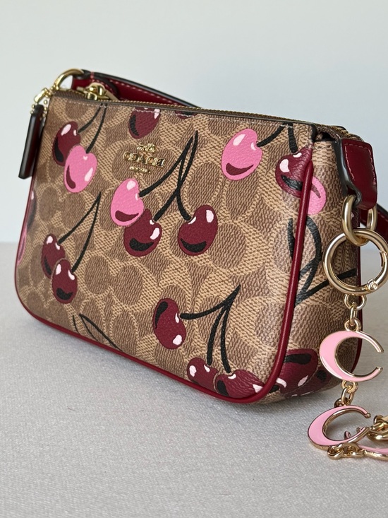 Coach Handbags - NWT Coach Nolita 19 Cherry Print Wristlet Small Bag Tan/Gold + Chain Extender